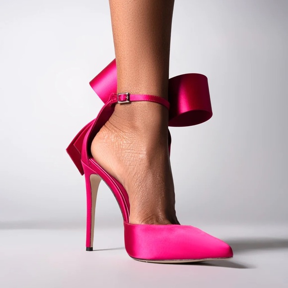 Aminah Abdul Jillil Bow Satin Pink Fuchsia Pointed Toe Heels 6 - Picture 5 of 10
